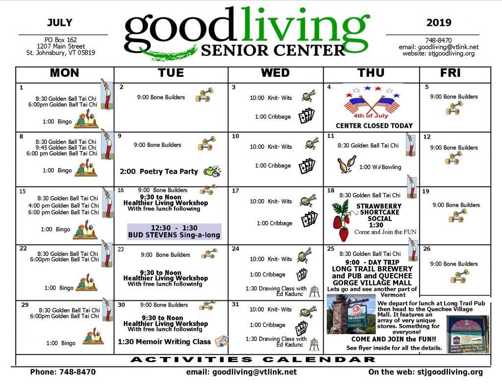 Good Living Senior Center Monthly Event Calendar